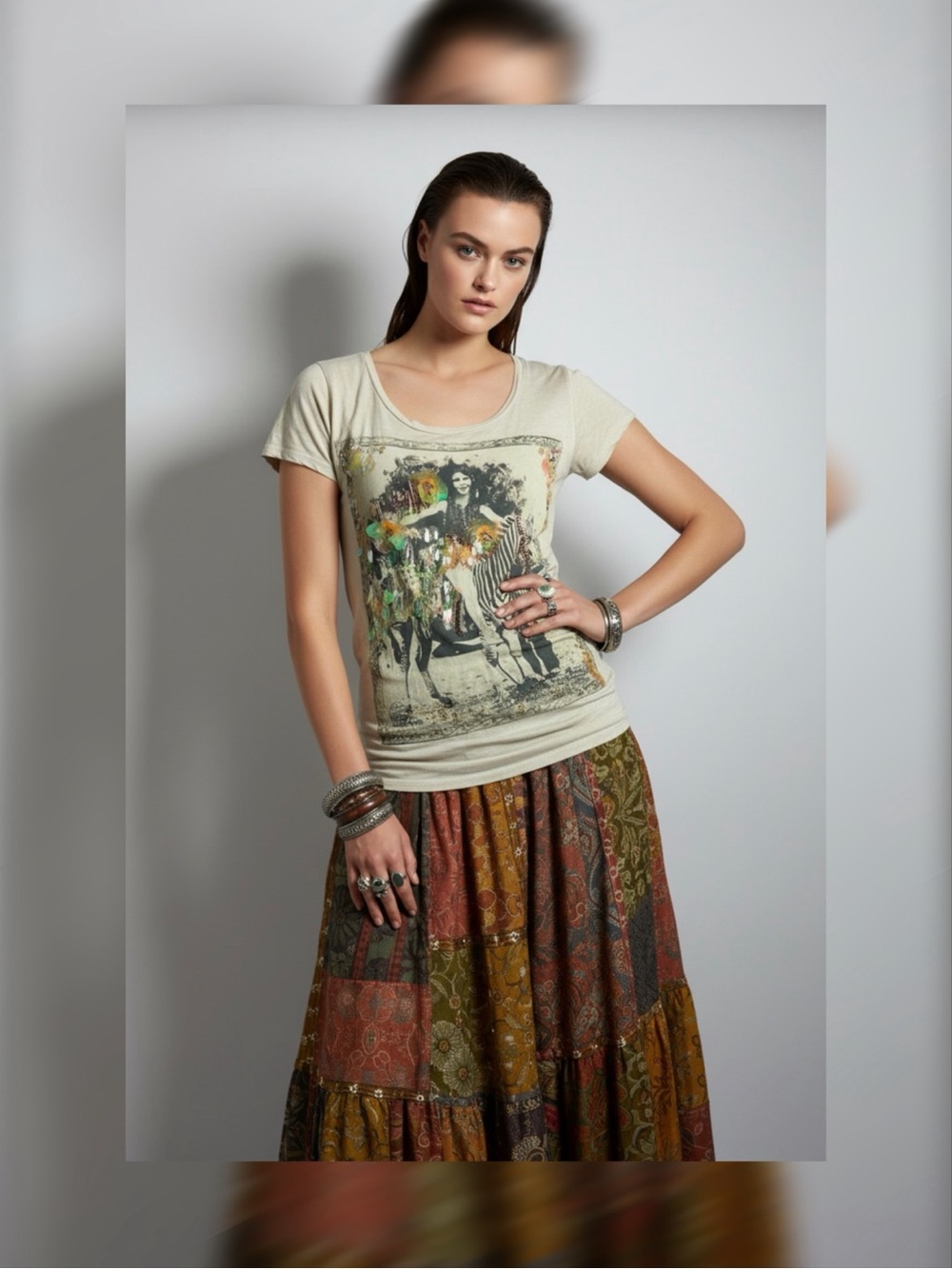 All Saints Cream Graphic Scoop-Neck Tee